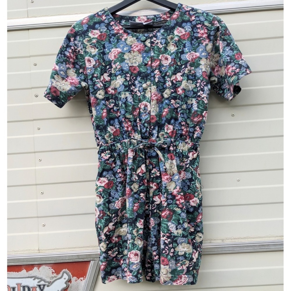 Vintage 90s Floral Button Up Romper Petite Medium Grunge Cotton Cottagecore Navy
